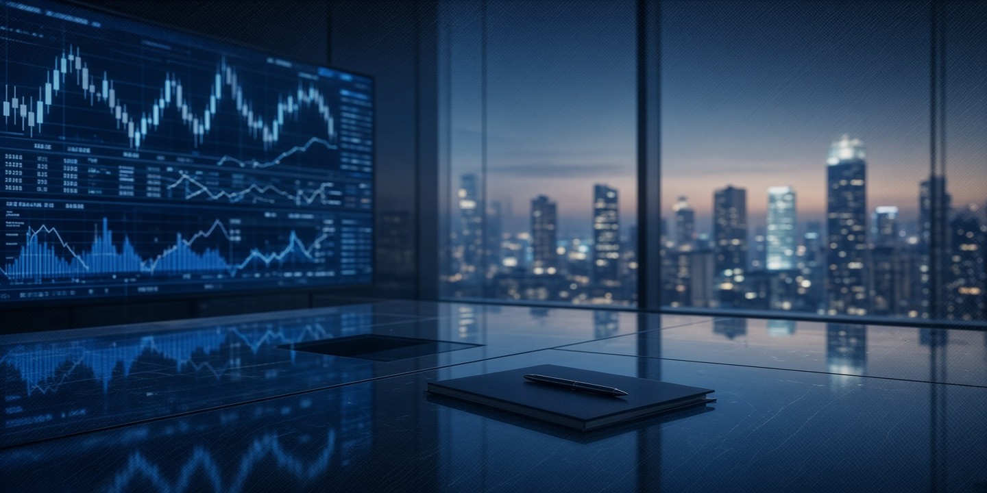 Financial markets atmosphere with trading data and a city skyline at dusk.