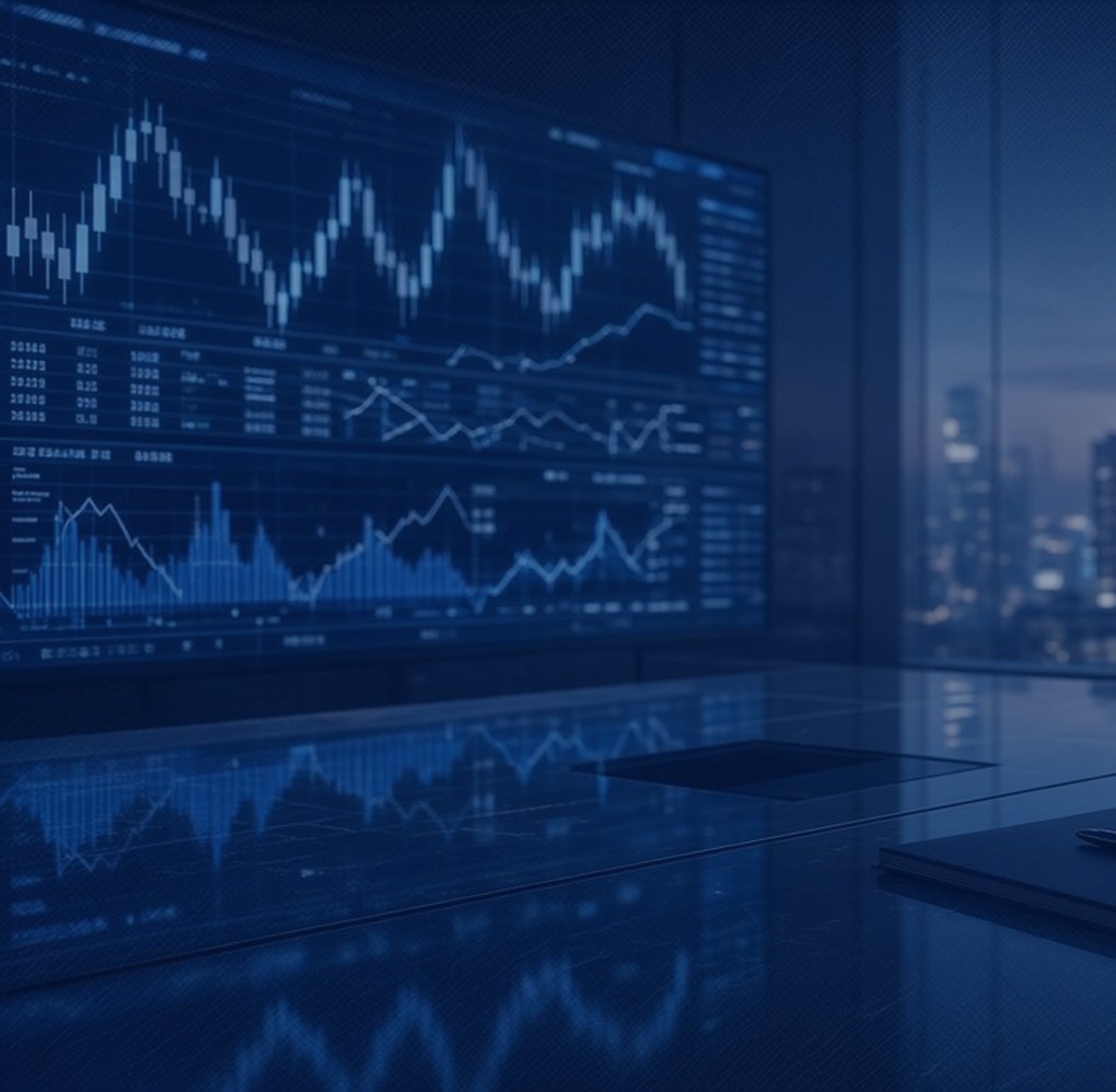 Financial trading screens and market data in a modern office.